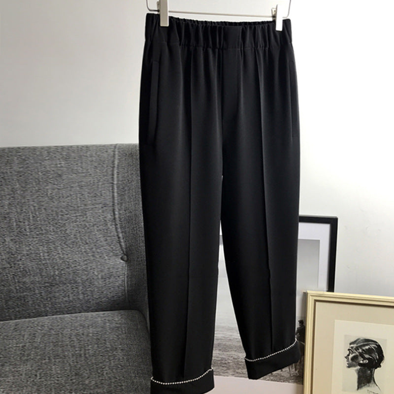 Damen Hochtaillierte Bundfaltenhose mit elastischem Bund und perlenbesetztem Saum Nord Taschen