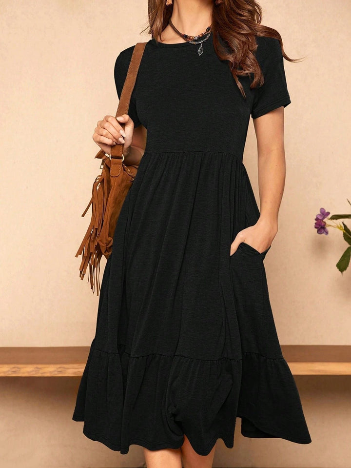 Damen lässiges Midikleid mit Taschen und voluminösen Rüschendetails