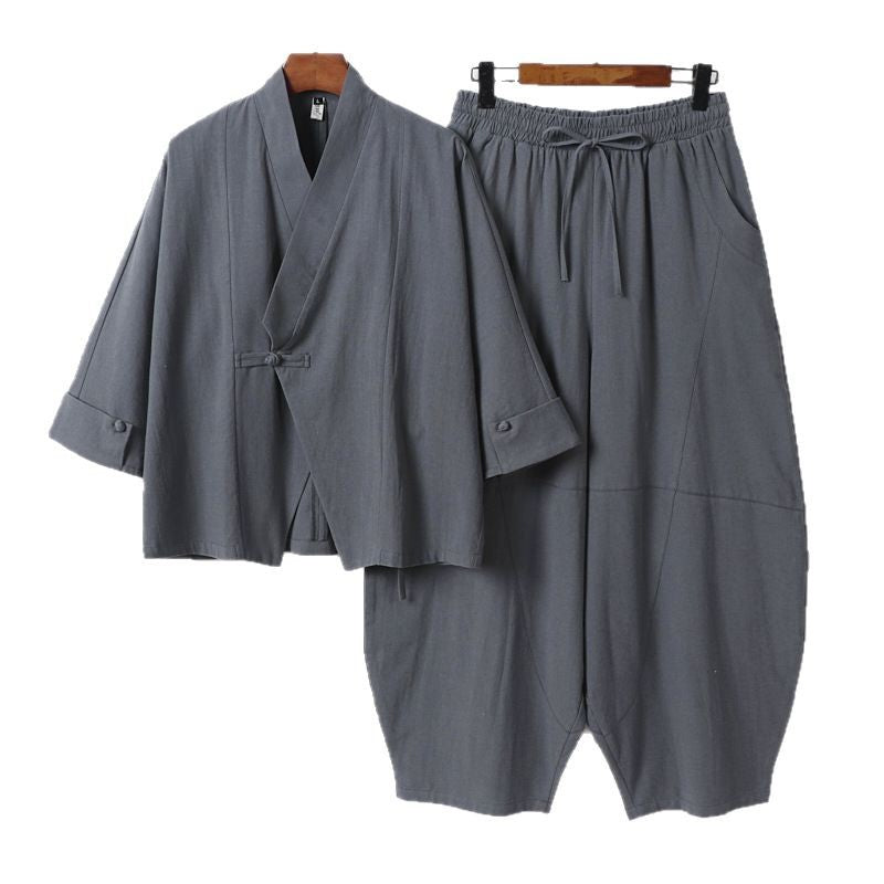 Herren Minimalistisches Kimono-Lounge-Set aus atmungsaktivem Baumwollmix mit ballonförmiger Bundhose Nord Taschen