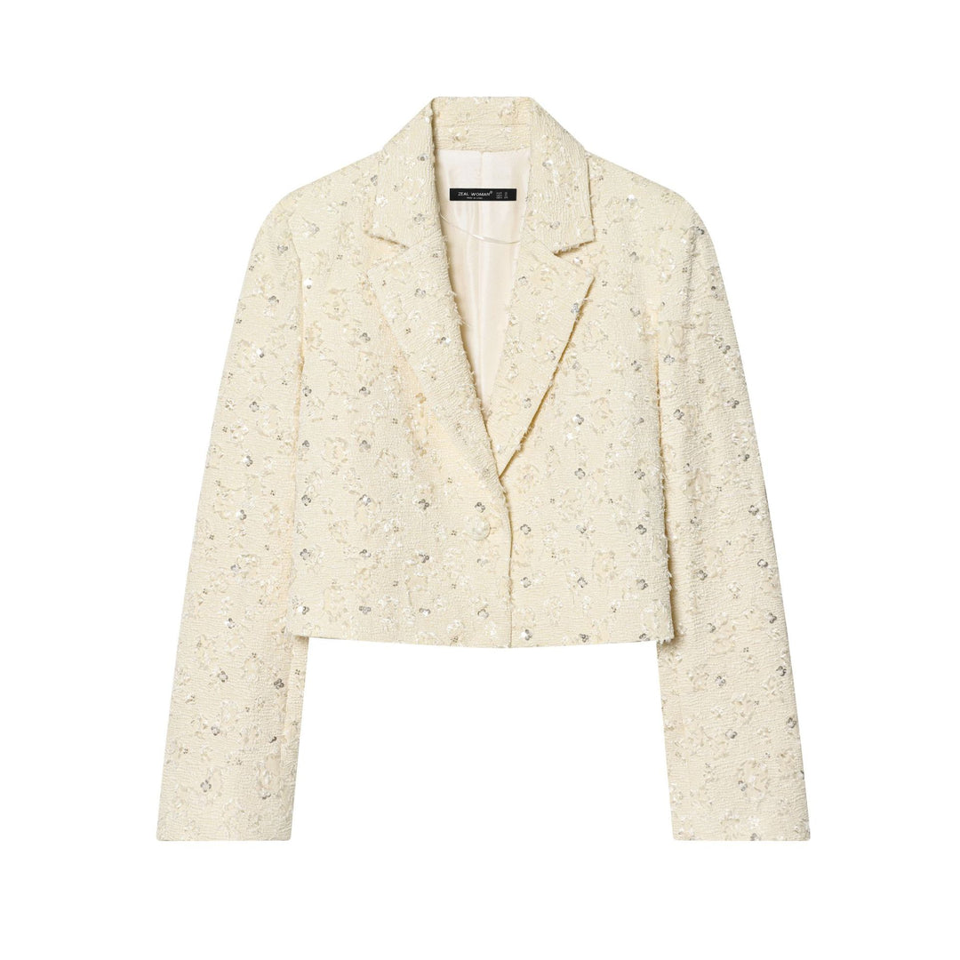 Damen Kurzer Bouclé-Blazer mit Paillettenbesatz und Reverskragen Nord Taschen