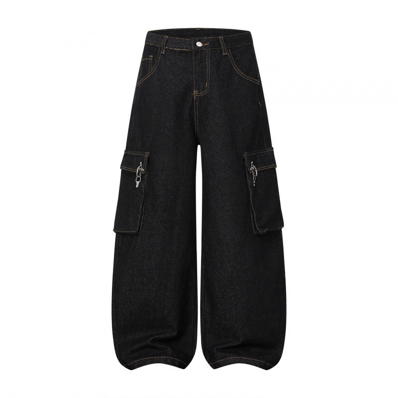 Damen Ballonförmige Cargo-Jeans mit hoher Taille, weitem Bein und aufgesetzten Klappentaschen Nord Taschen