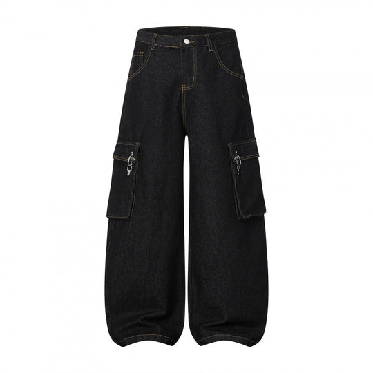 Damen Ballonförmige Cargo-Jeans mit hoher Taille, weitem Bein und aufgesetzten Klappentaschen Nord Taschen