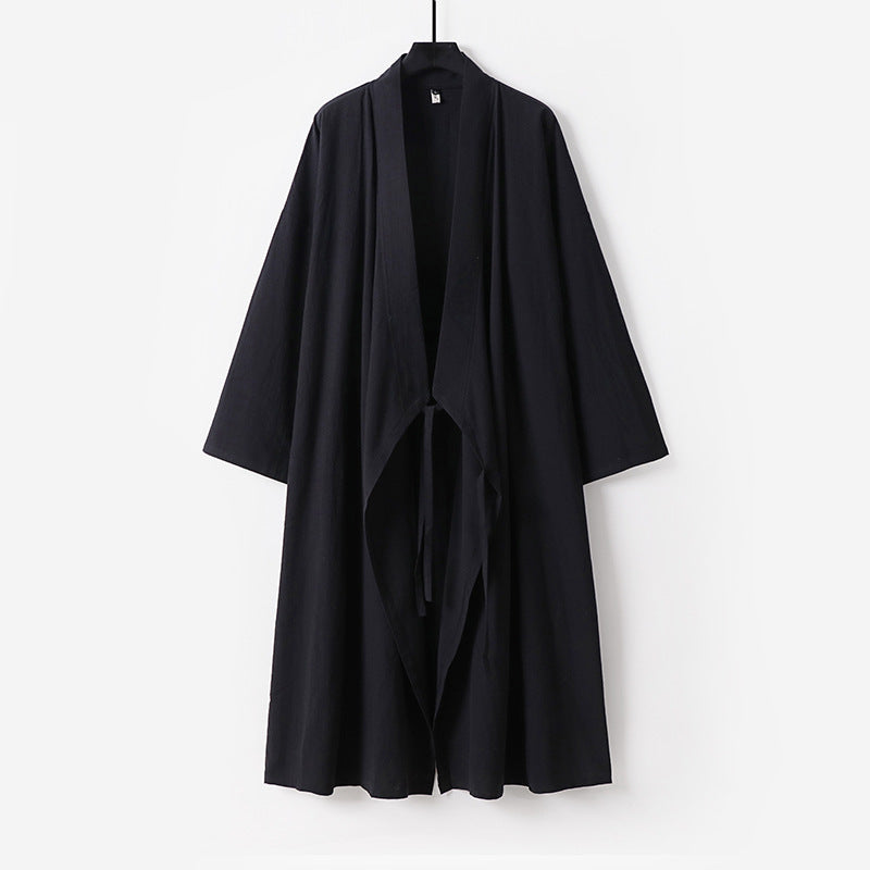 Unisex Langer Kimono-Mantel aus leichtem Baumwollmix mit drapierter Front und Bindeschlaufe Nord Taschen