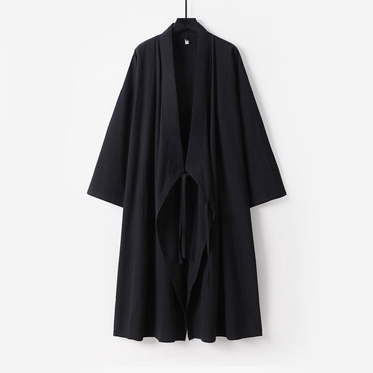 Unisex Langer Kimono-Mantel aus leichtem Baumwollmix mit drapierter Front und Bindeschlaufe Nord Taschen
