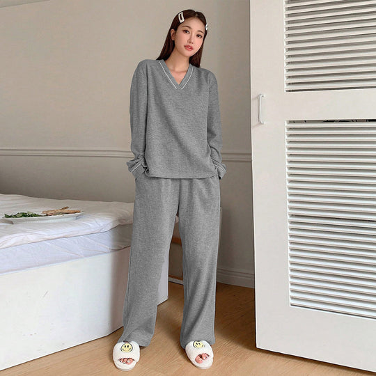 Damen gemütliches V-Neck Lounge-Set mit weitem Palazzohose-Schnitt aus weichem Jersey Nord Taschen