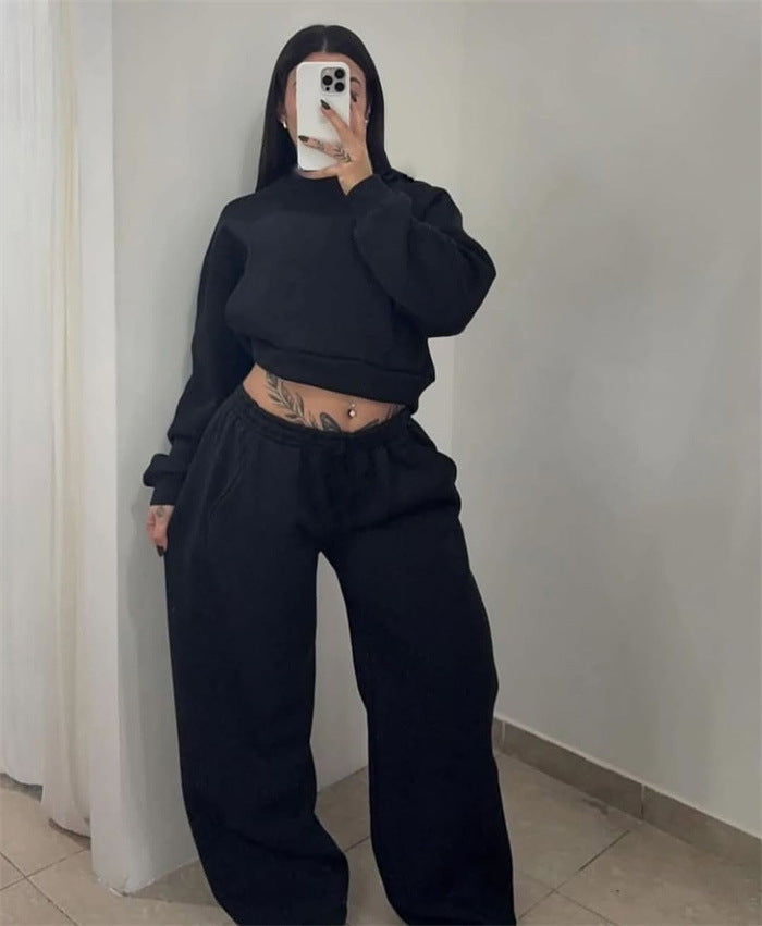 Damen Cropped-Sweatshirt mit hohem Rundhalsausschnitt und elastischer Tunnelzug Wide-Leg Jogginghose Set Nord Taschen