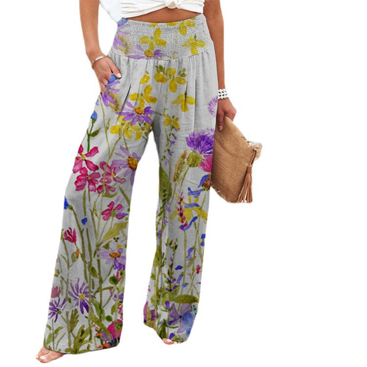 Damen weite Floral-Hose mit elastischem Bund und seitlichen Taschen
