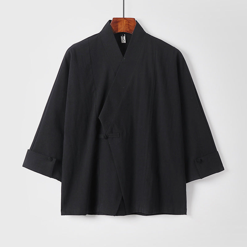 Herren Leinen-Kimono-Jacke mit traditionellem Knotenverschluss und mittel-langen Ärmeln Nord Taschen