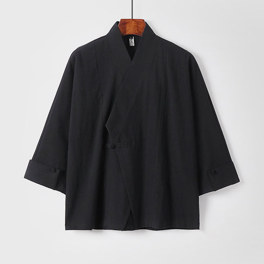 Herren Leinen-Kimono-Jacke mit traditionellem Knotenverschluss und mittel-langen Ärmeln Nord Taschen