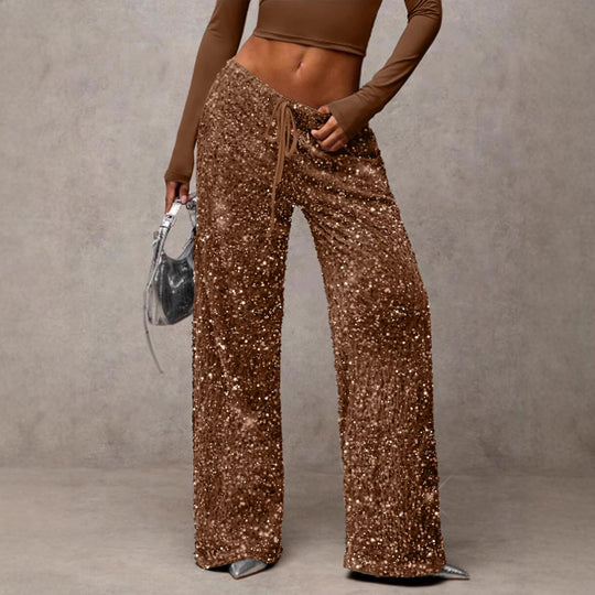 Damen Pailletten-Palazzohose mit hohem Bund und Kordelzug Nord Taschen