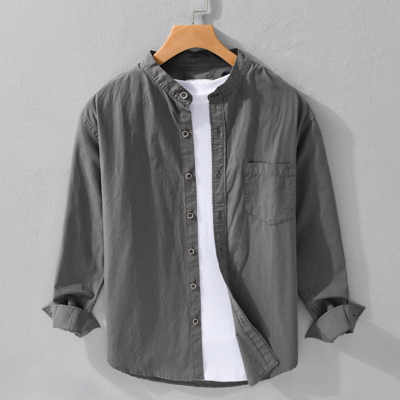 Herren Hemdjacke im Mandarinstil aus Baumwoll-Twill, Relaxed-Fit, mit aufgesetzter Brusttasche und Holzknöpfen Nord Taschen