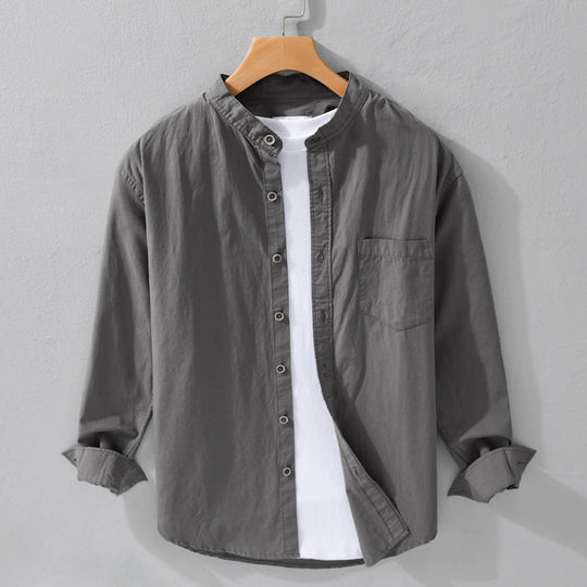 Herren Hemdjacke im Mandarinstil aus Baumwoll-Twill, Relaxed-Fit, mit aufgesetzter Brusttasche und Holzknöpfen Nord Taschen