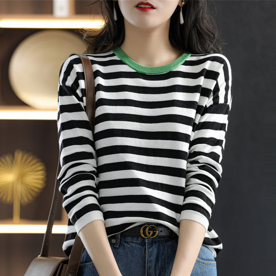 Damen Maritim-inspiriertes gestreiftes Feinstrick-Shirt mit weitem Boot-Ausschnitt und Kontrastkante Nord Taschen