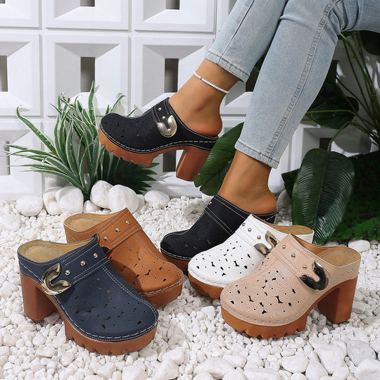 Damen modische Clogs mit perforiertem Design und elegantem Blockabsatz