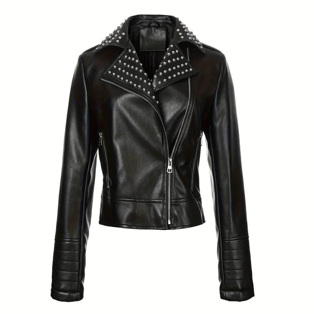 Damen Asymmetrische Bikerjacke aus Kunstleder mit genietetem Revers und gesteppter Armzone Nord Taschen