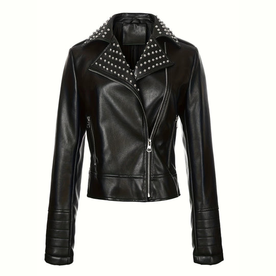 Damen Asymmetrische Bikerjacke aus Kunstleder mit genietetem Revers und gesteppter Armzone Nord Taschen