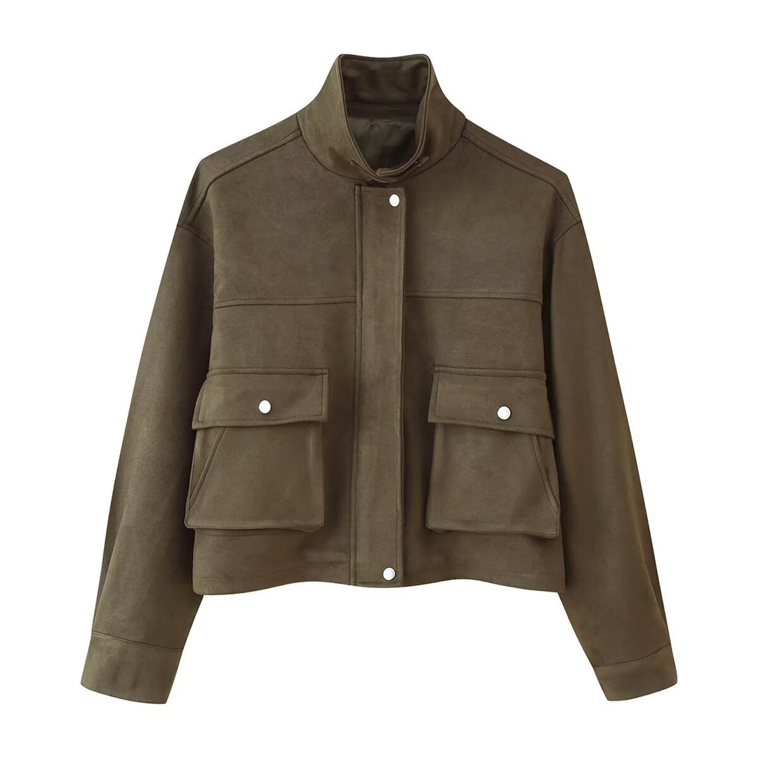 Damen Kurzjacke im Utility‑Stil aus Wildlederoptik mit Stehkragen und Cargo‑Klappentaschen Nord Taschen