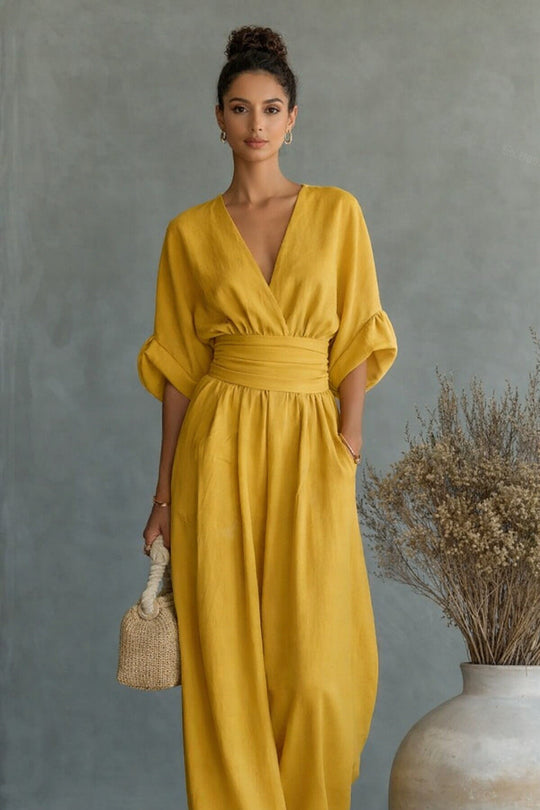 Damen Weit geschnittener Jumpsuit mit eleganten Drapierungen und V-Ausschnitt Nord Taschen