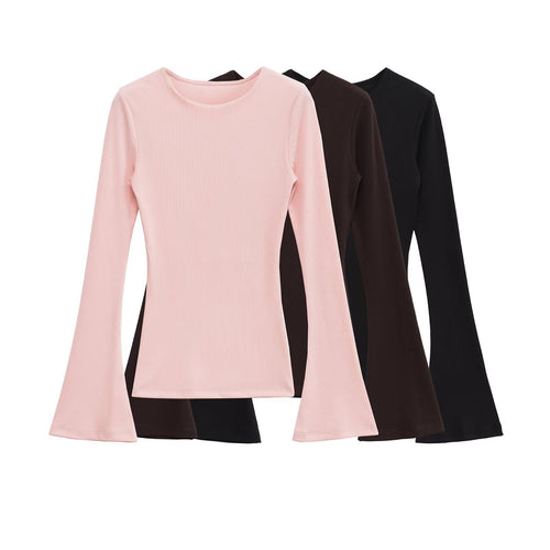 Damen Figurbetontes Rippshirt mit Carmenausschnitt und ausgestellten Schlagärmeln Nord Taschen