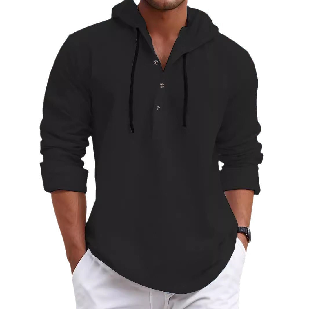 Herren nan sommerliches Hoodie-Henley mit verdeckter Knopfleiste, Kordelzug und gerundetem Saum