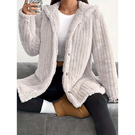 Damen Kapuzen-Teddy-Mantel mit Knopfleiste und Oversize-Schnitt Nord Taschen