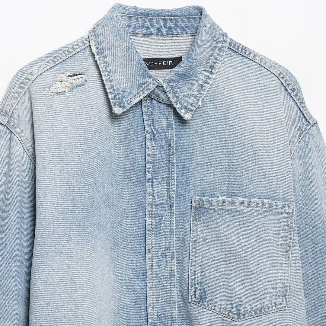 Damen Cropped Jeansjacke im Used‑Look mit ausgefranstem Saum und Oversize‑Ärmeln Nord Taschen
