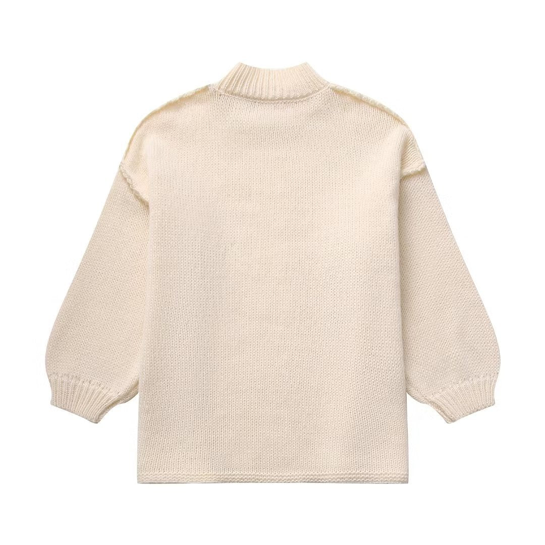 Damen Grobstrick-Pullover mit Stehkragen, überschnittenen Schultern und Ballonärmeln Nord Taschen