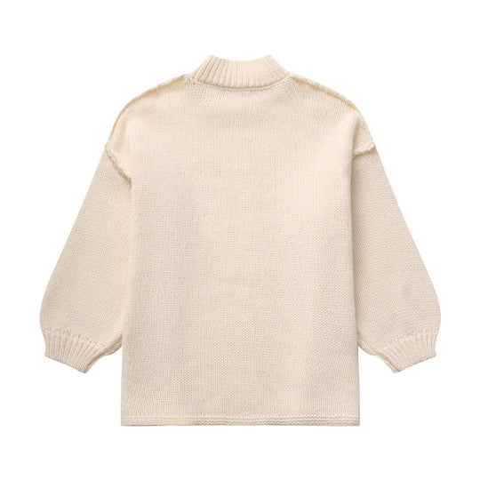 Damen Grobstrick-Pullover mit Stehkragen, überschnittenen Schultern und Ballonärmeln Nord Taschen