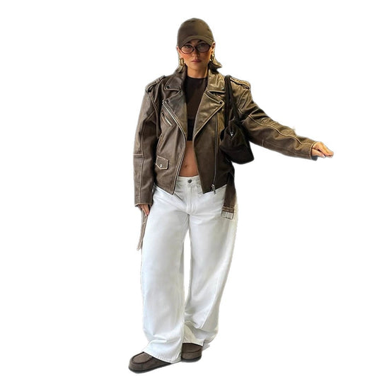 Damen Veloursleder‑Optik Bikerjacke mit Schulterklappen und asymmetrischem Reißverschluss Nord Taschen