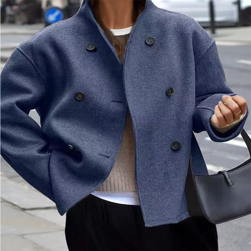 Damen modische Wolljacke mit doppelter Knopfleiste und hohen Kragen