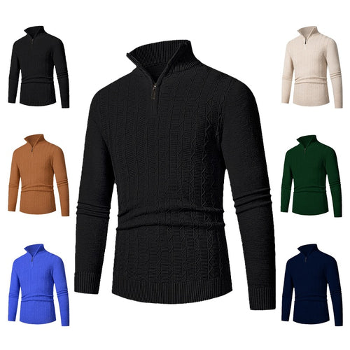 Herren Enganliegender Halbzip-Strukturpullover aus Merino‑Mix mit Zopfmuster und Stehkragen Nord Taschen