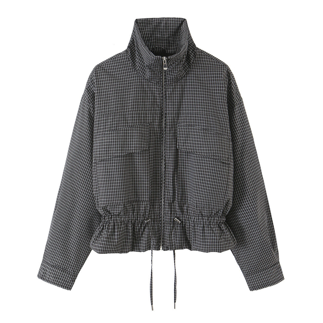 Damen Kurzjacke im karierten Utility-Bomber mit hohem Stehkragen und Kordelzug-Taille Nord Taschen