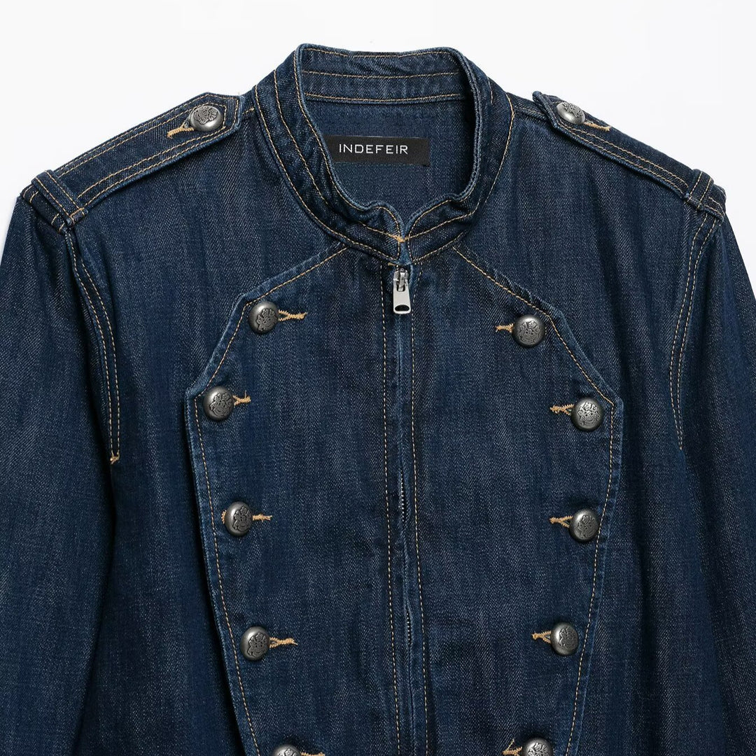 Damen Cropped Denim-Fieldjacke mit dekorischer Doppelreihe und Stehkragen Nord Taschen