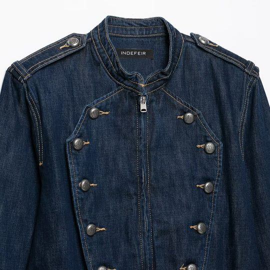 Damen Cropped Denim-Fieldjacke mit dekorischer Doppelreihe und Stehkragen Nord Taschen