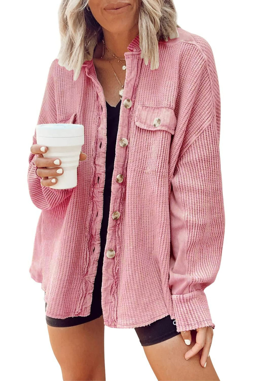 Damen Waffelstrick-Overshirt mit Knopfleiste und Brusttasche Nord Taschen