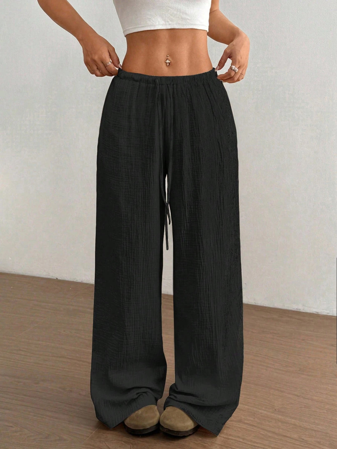 Damen Leichte Leinenoptik-Hose mit weitem Bein, Gummibund und Tunnelzug Nord Taschen