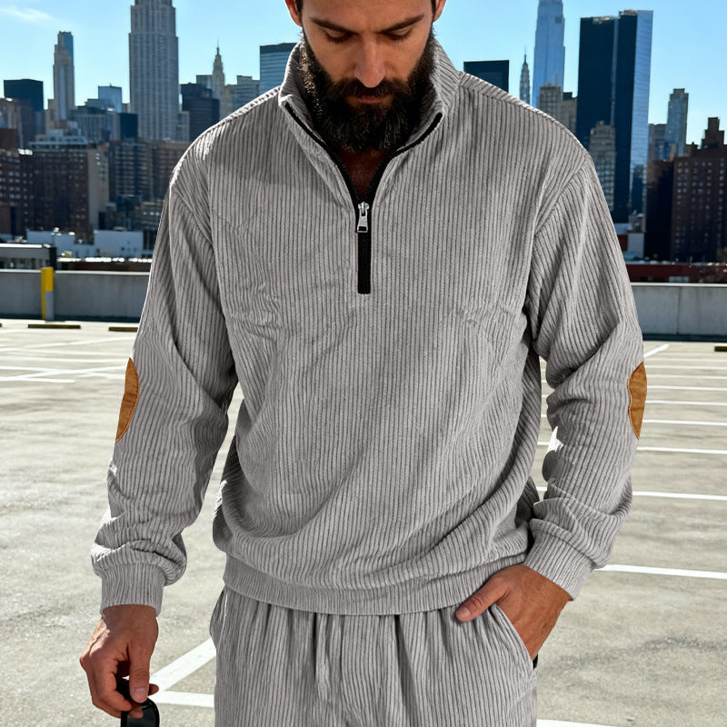 Herren Cord-Struktur-Halbzip-Pullover im Relaxed-Fit mit Stehkragen und Ellbogen-Patch Nord Taschen