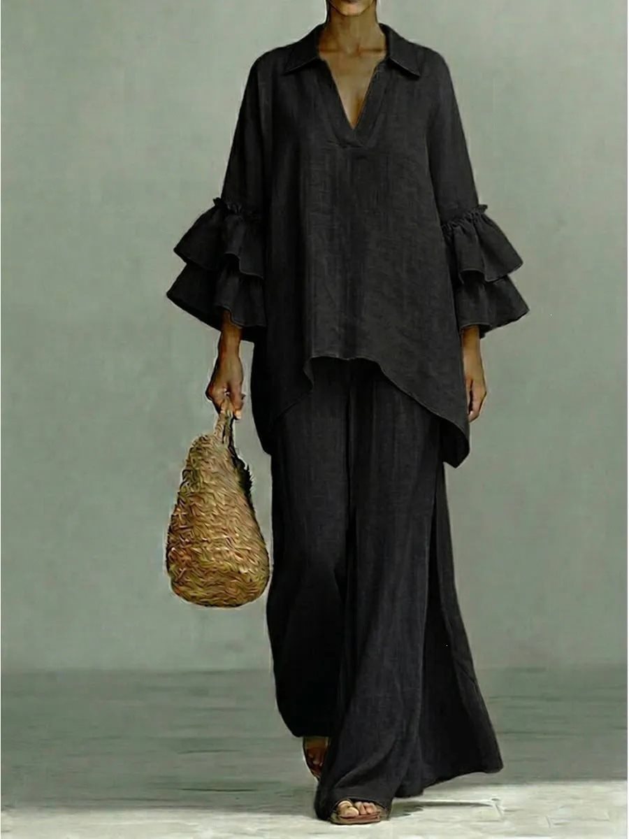 Damen Leinen-Loungewear-Set mit Volantärmeln und weitem Palazzo-Hose Nord Taschen