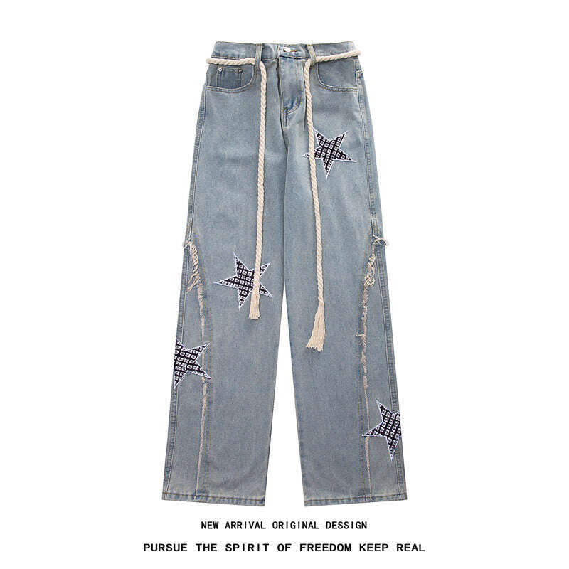 Damen Weite High‑Waist Denimhose mit Stern‑Applikationen, Fransen‑Seitenschlitzen und Kordelbund Nord Taschen