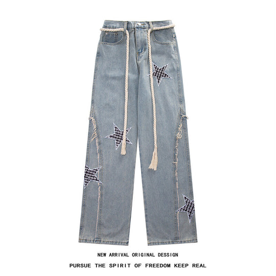 Damen Weite High‑Waist Denimhose mit Stern‑Applikationen, Fransen‑Seitenschlitzen und Kordelbund Nord Taschen