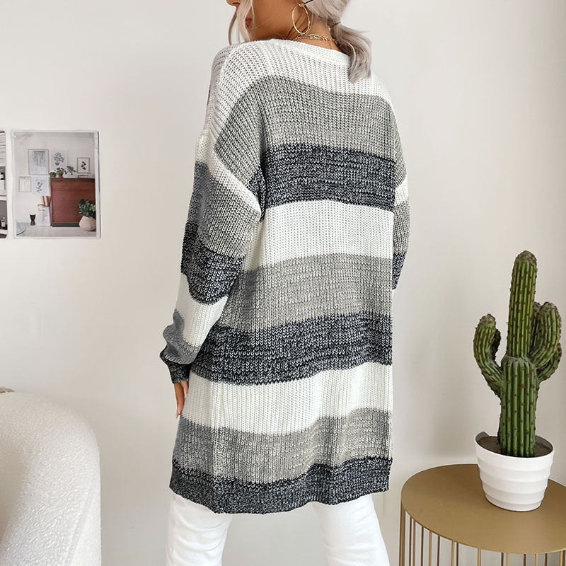 Damen Longline Strickcardigan mit breiten Blockstreifen, offener Front und überschnittener Schulter Nord Taschen