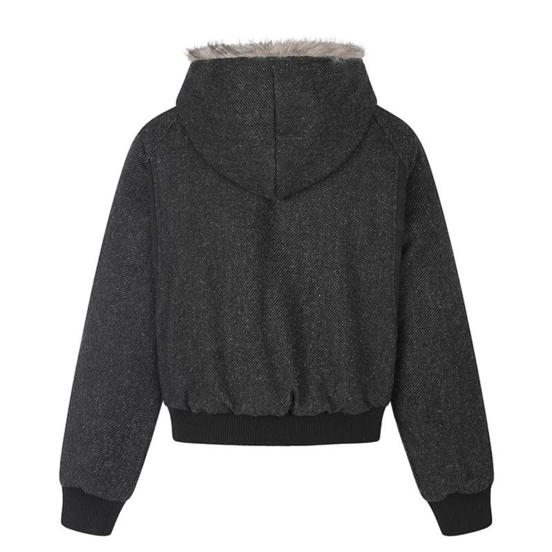 Damen Kapuzen-Bomberjacke mit Kunstfellfutter, asymmetrischer Mehrfachknopfleiste und geripptem Bund Nord Taschen