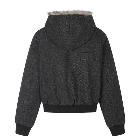 Damen Kapuzen-Bomberjacke mit Kunstfellfutter, asymmetrischer Mehrfachknopfleiste und geripptem Bund Nord Taschen