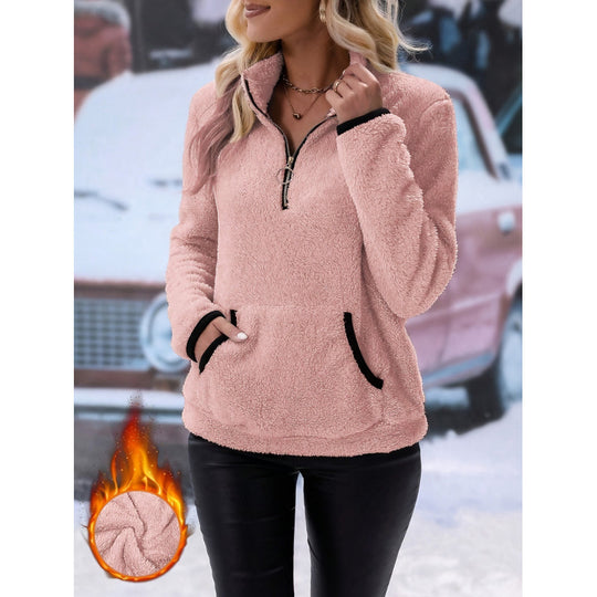 Damen flauschiger Fleece-Kuschelpullover mit halbem Reißverschluss, Kängurutasche und Stehkragen Nord Taschen