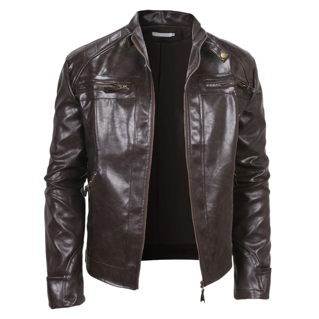 Herren Biker-inspirierte Kunstlederjacke mit Stehkragen, gesteppter Schulterpartie und Reißverschlusstaschen Nord Taschen
