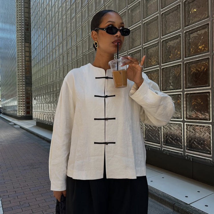 Damen Boxy Leinenbluse mit Knebelverschlüssen und asymmetrischem Saum Nord Taschen