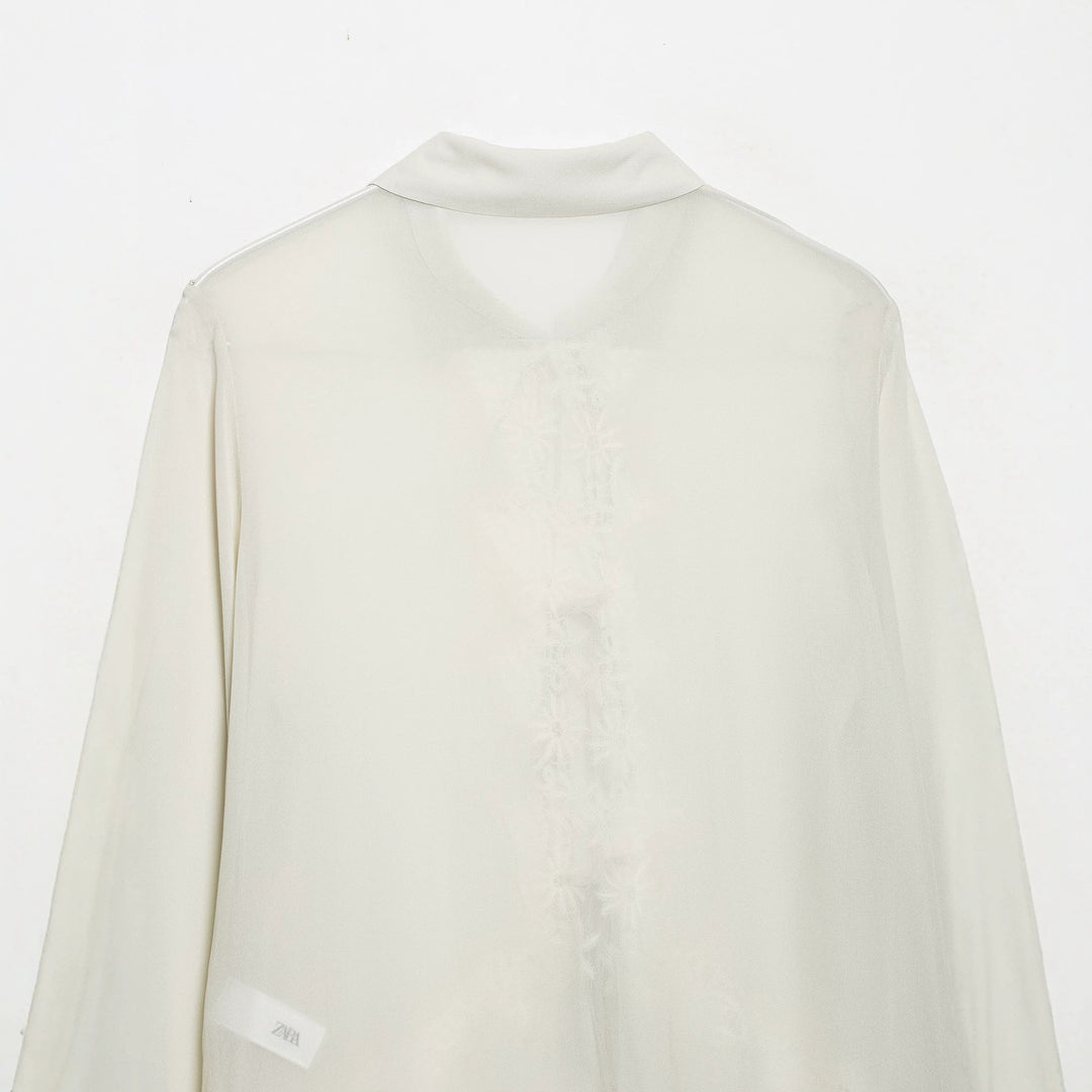 Damen Romantische Chiffon-Bluse mit Spitzenapplikation, Volant-Saum und Bindebändern Nord Taschen