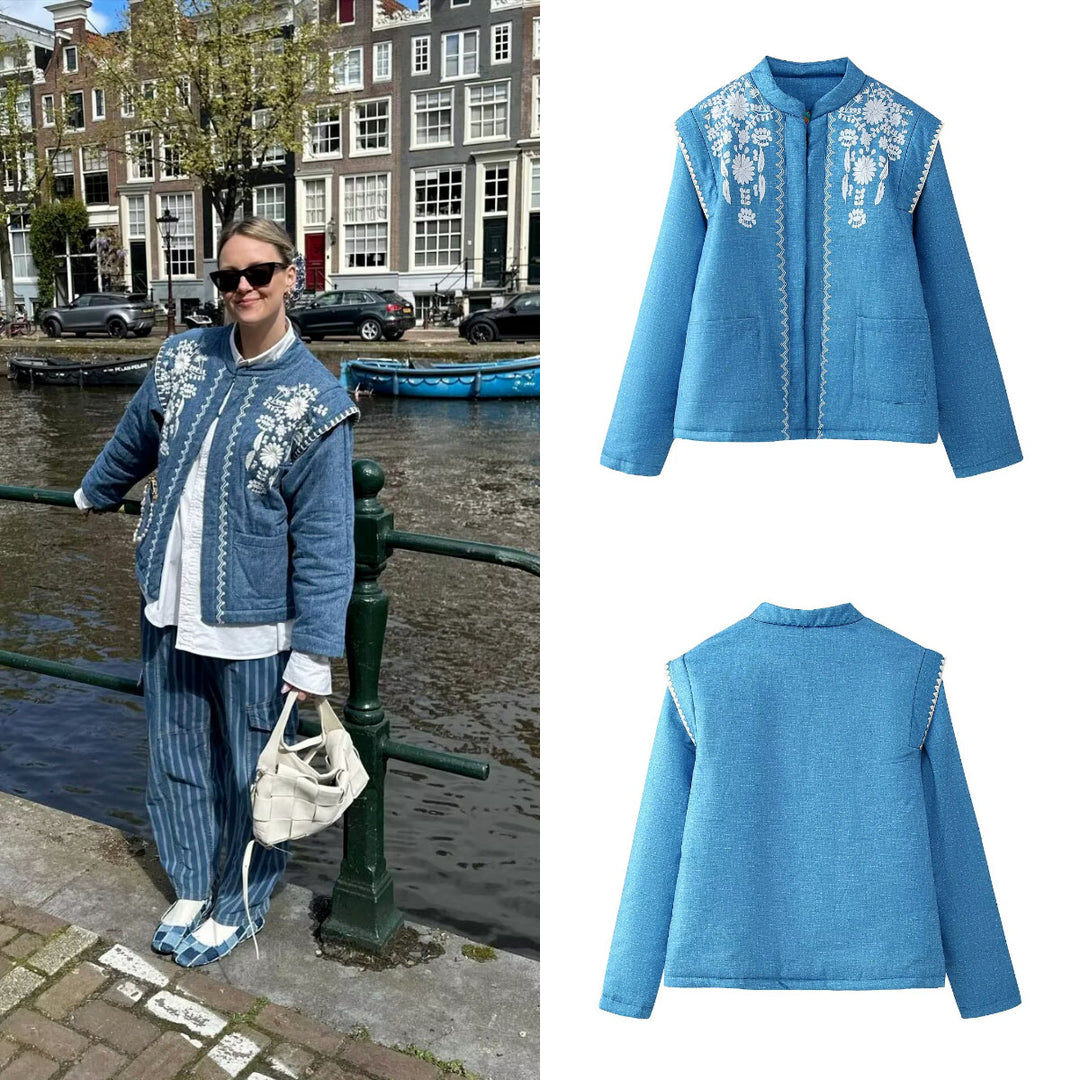 Damen Gesteppte Leinenoptik-Stehkragenjacke mit folklorischer Bruststickerei & aufgesetzten Taschen Nord Taschen