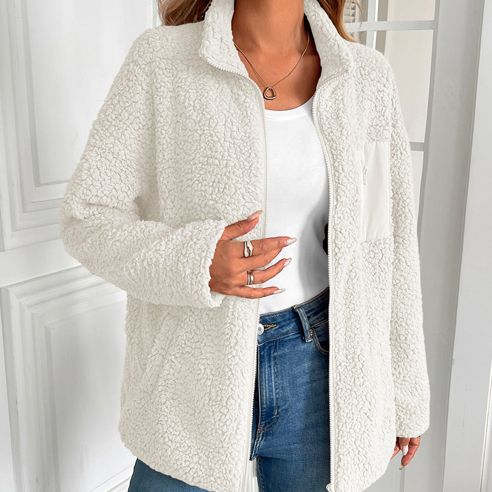 Damen kuschelige Fleecejacke mit hohen Kragen und praktischen Taschen