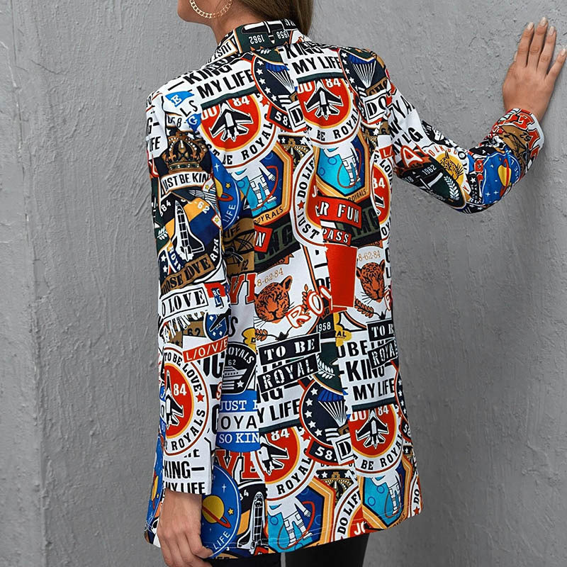 Damen Bedruckter Longblazer mit grafischem Street‑Art‑Muster und tailliertem Schnitt Nord Taschen
